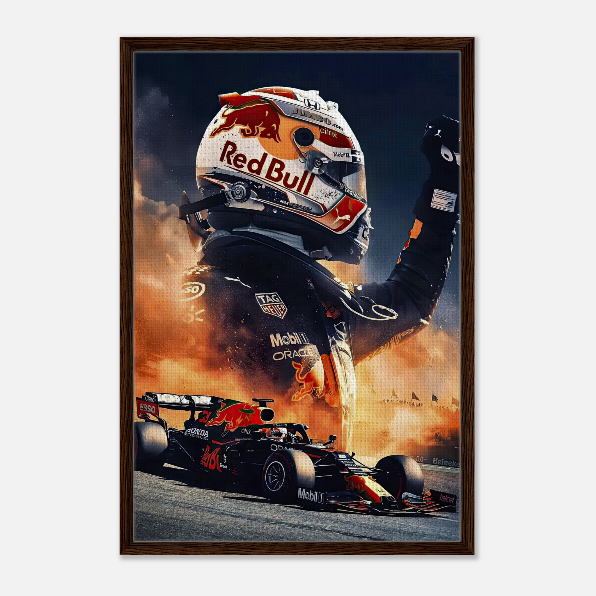 Max Verstappen framed canvas artwork featuring Red Bull racing theme and dynamic Formula 1 imagery.