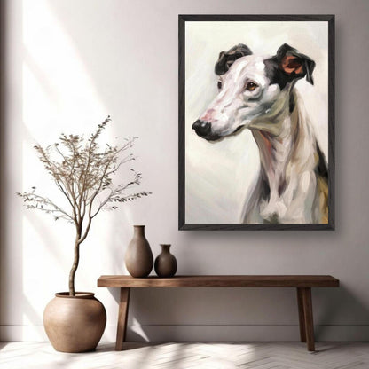Greyhound dog painting in a modern living room, showcasing elegant fine art decor with muted colors.