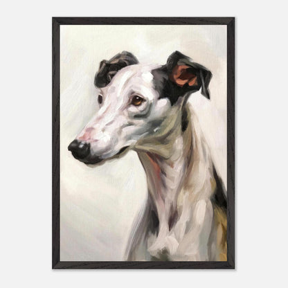 Greyhound dog portrait painting, emphasizing elegance and grace in soft colors and fine art detailing.