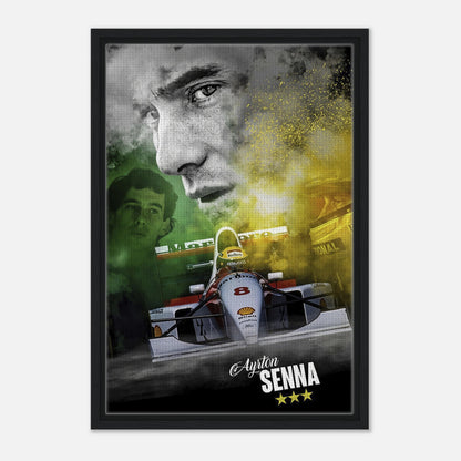 Ayrton Senna framed canvas print featuring vibrant artwork of the F1 legend and his iconic McLaren car.