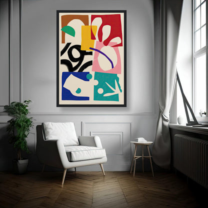 Abstract Harmony framed print showcasing bold geometric shapes and vibrant colors in a modern living space.