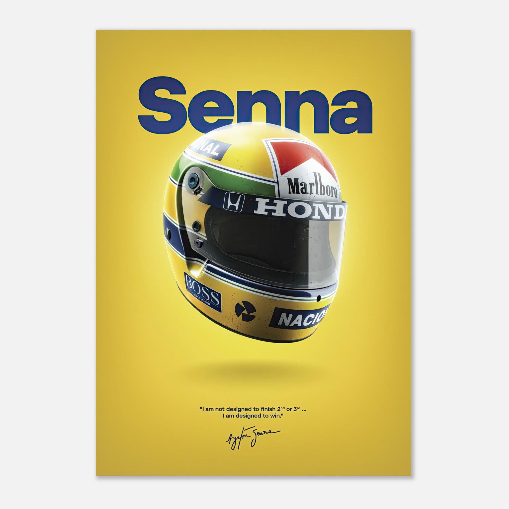 Ayrton Senna helmet poster featuring iconic yellow design with Honda and Marlboro logos on vibrant yellow background.