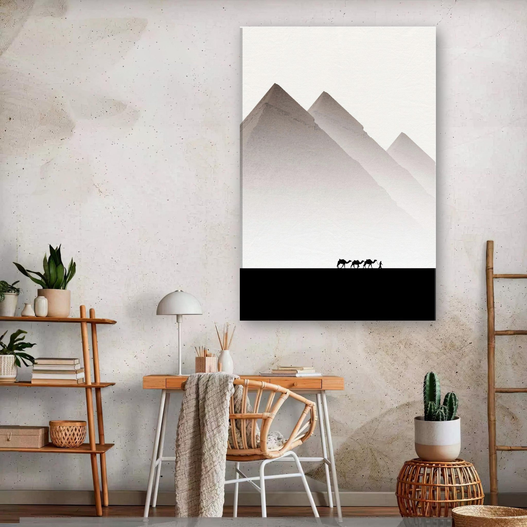 Pyramids of Giza canvas art featuring silhouettes of camels against minimalist design in muted tones.