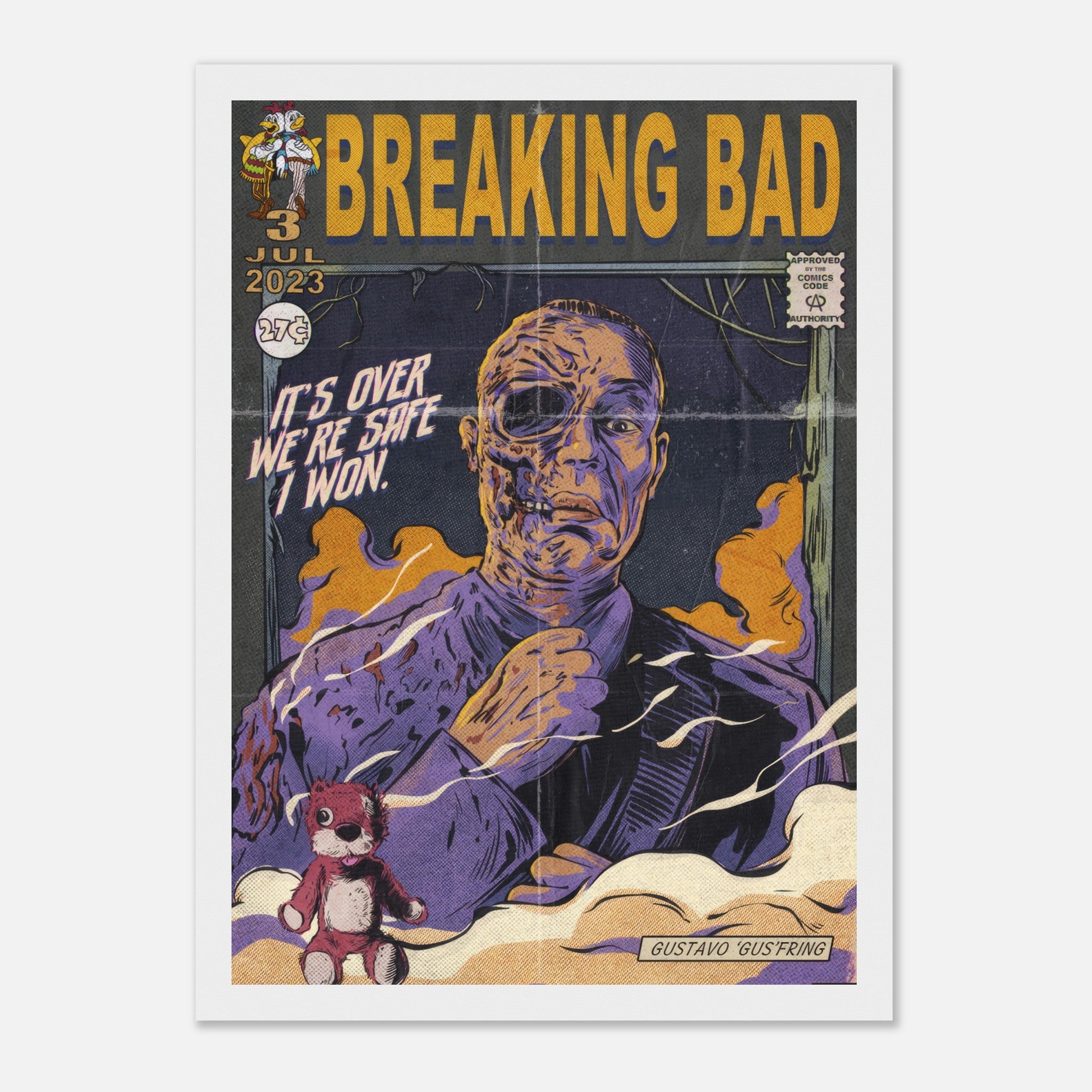 Vintage comic-style framed poster of Gustavo Fring from Breaking Bad, featuring bold colors and intricate details.