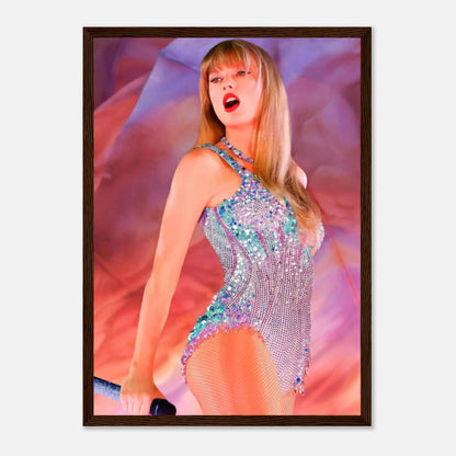 Taylor Swift performing in a dazzling outfit, framed print from The Eras Tour, vibrant colors capturing her artistry.