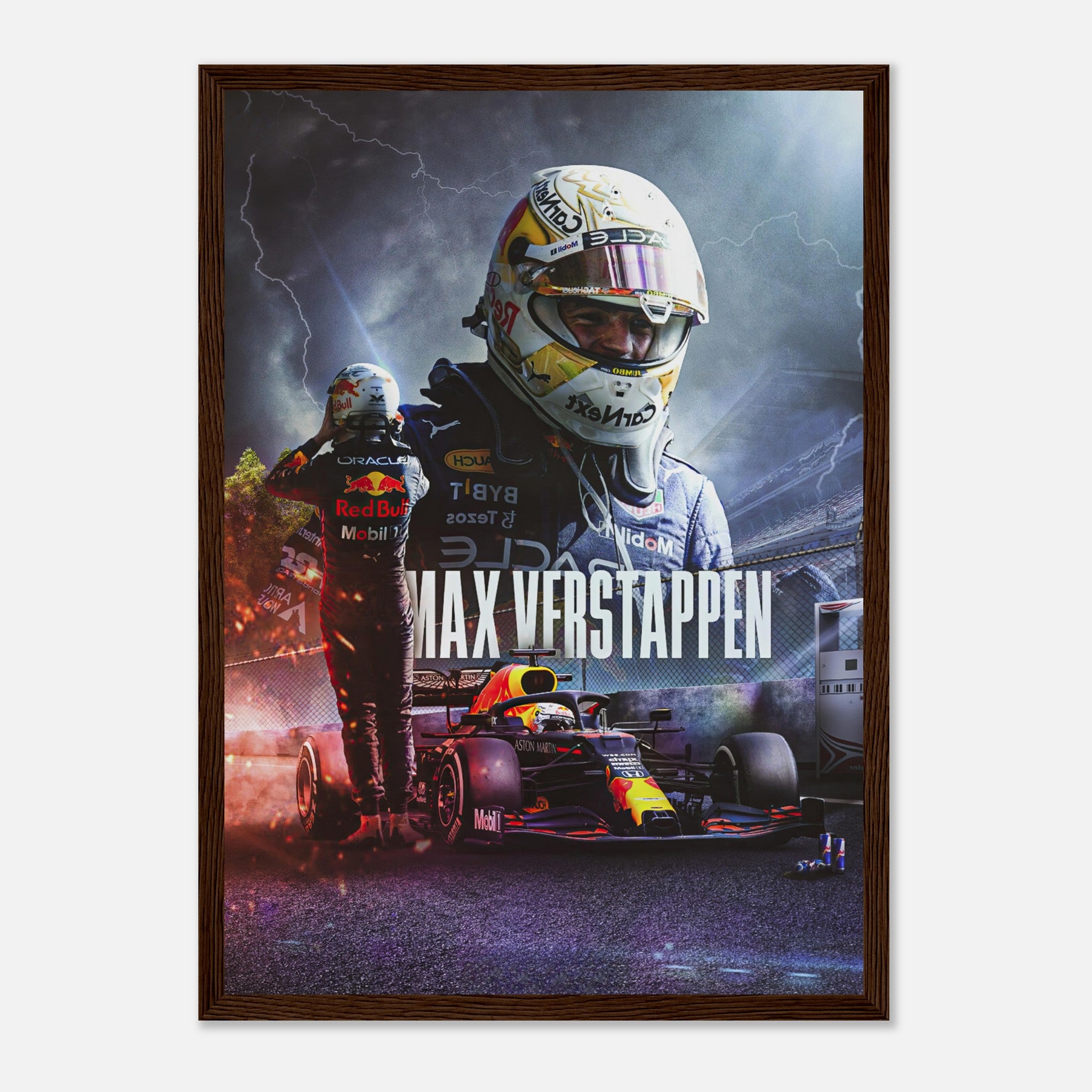 Max Verstappen framed print showcasing Red Bull Racing with vibrant artwork and dynamic racing elements. Perfect for Formula 1 fans.