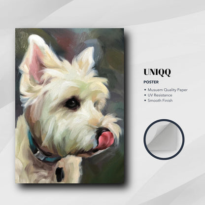 Westie dog painting poster showcasing playful expression in a lifelike oil painting style, perfect for home décor.