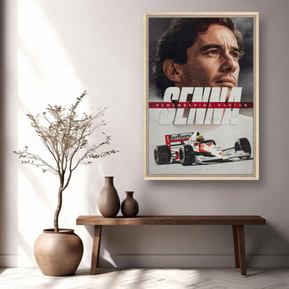 Framed canvas art of Ayrton Senna, highlighting his legacy and passion for Formula 1 racing in a dynamic design.