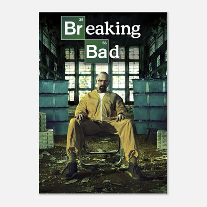 Walter White in yellow hazmat suit seated in a warehouse, capturing the essence of *Breaking Bad* poster art.