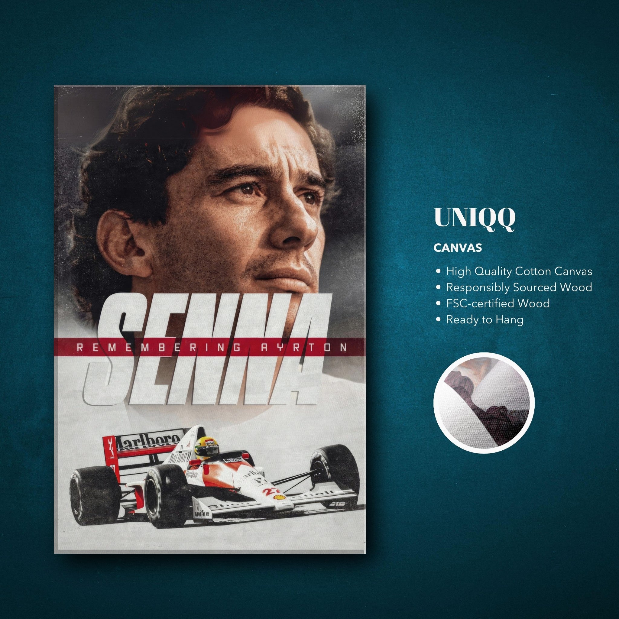 Ayrton Senna canvas art featuring his portrait and racing car, high-quality print ready to hang.