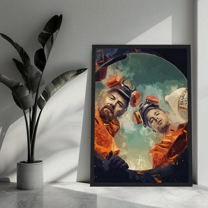 Breaking Bad framed print featuring Walter White and Jesse Pinkman in hazmat suits, capturing intense lab scene artwork.