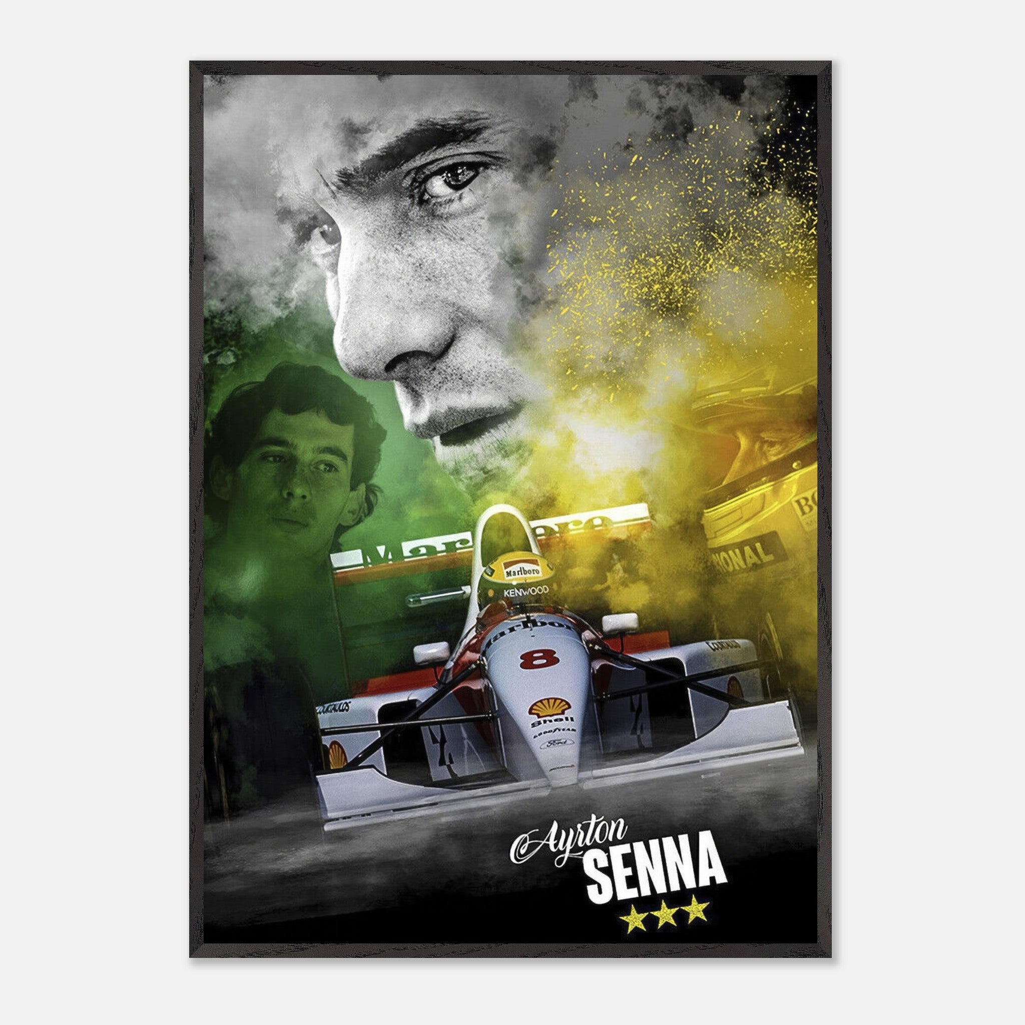 Ayrton Senna F1 fine art print featuring vibrant colors and racing nostalgia in a framed poster design.