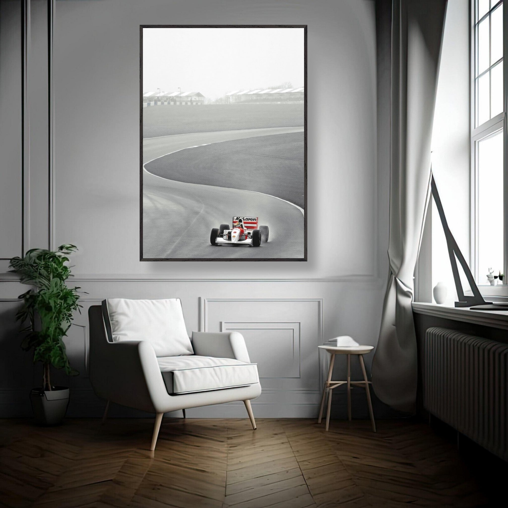 1988 Ayrton Senna McLaren Giclée fine art print in modern interior setting with chair and indoor plants.