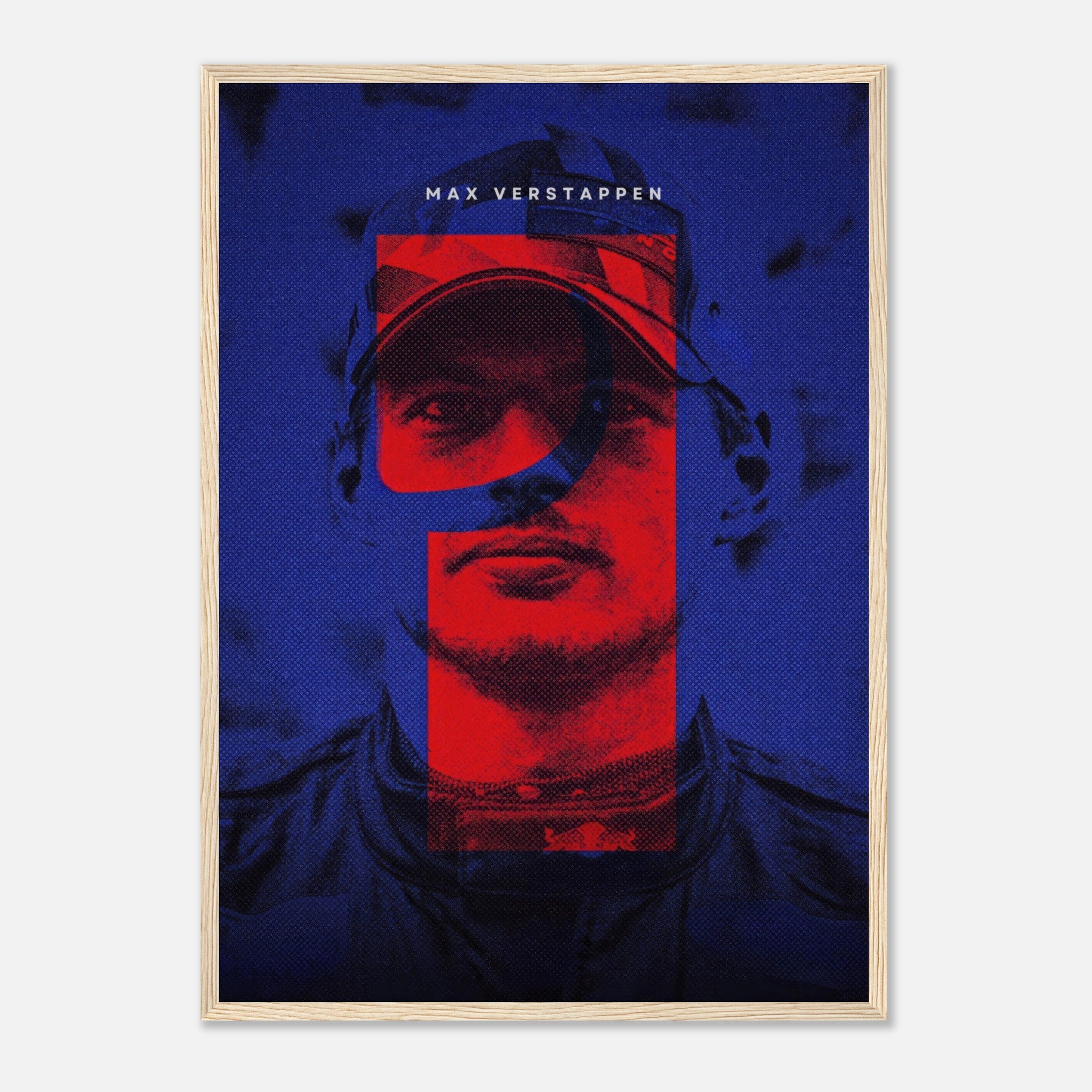 Max Verstappen framed print featuring bold colors and dynamic design, celebrating his Formula 1 championship spirit.