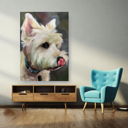 Westie dog painting on brushed metal displayed in a modern living room decor with blue chair and wooden furniture.