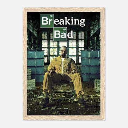 Walter White framed poster in yellow hazmat suit, capturing the gritty essence of Breaking Bad. Perfect for fans and collectors.