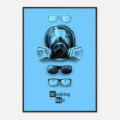 Minimalist Breaking Bad poster featuring Walter White's gas mask and glasses on a bold blue background.