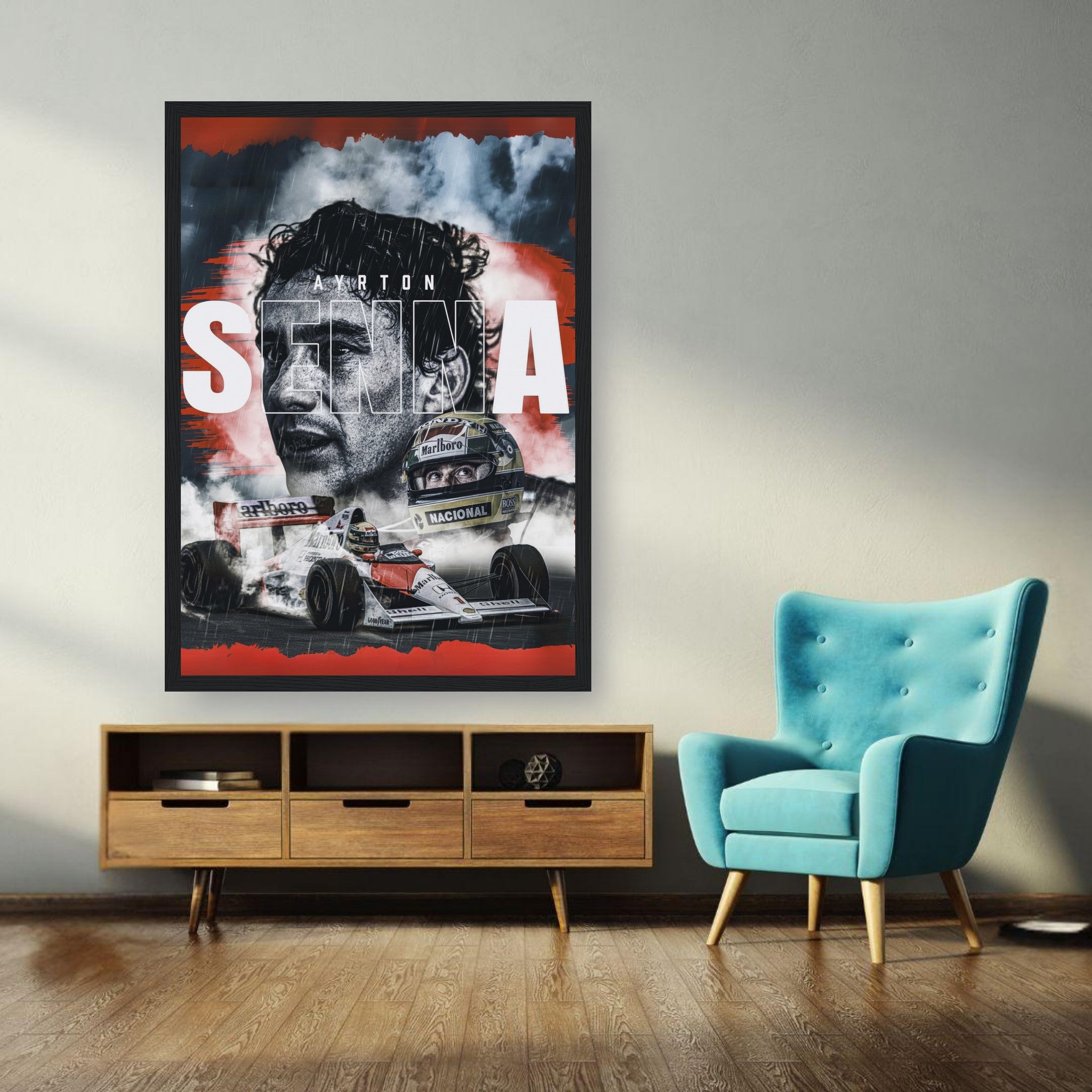 Ayrton Senna framed print on a wall in a stylish living room, showcasing F1 legacy and vibrant artwork for motorsport fans.