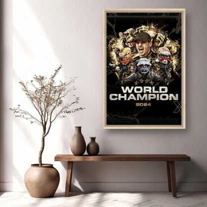 Framed canvas print honoring Max Verstappen's 2024 F1 World Championship displayed in a modern interior setting.