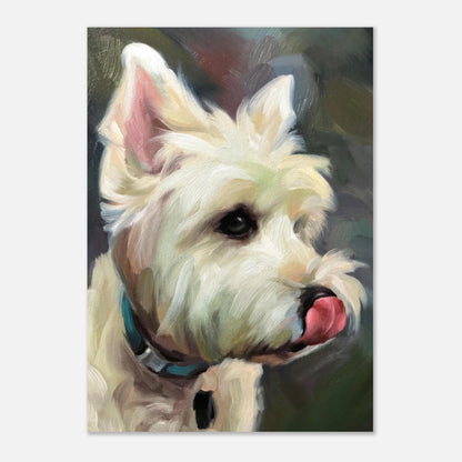 Lifelike oil painting of a West Highland White Terrier, showcasing its playful nature and soft brushstrokes.