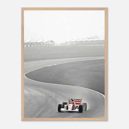 1988 McLaren MP4/4 racing photo featuring Ayrton Senna on the track, framed vintage art piece.