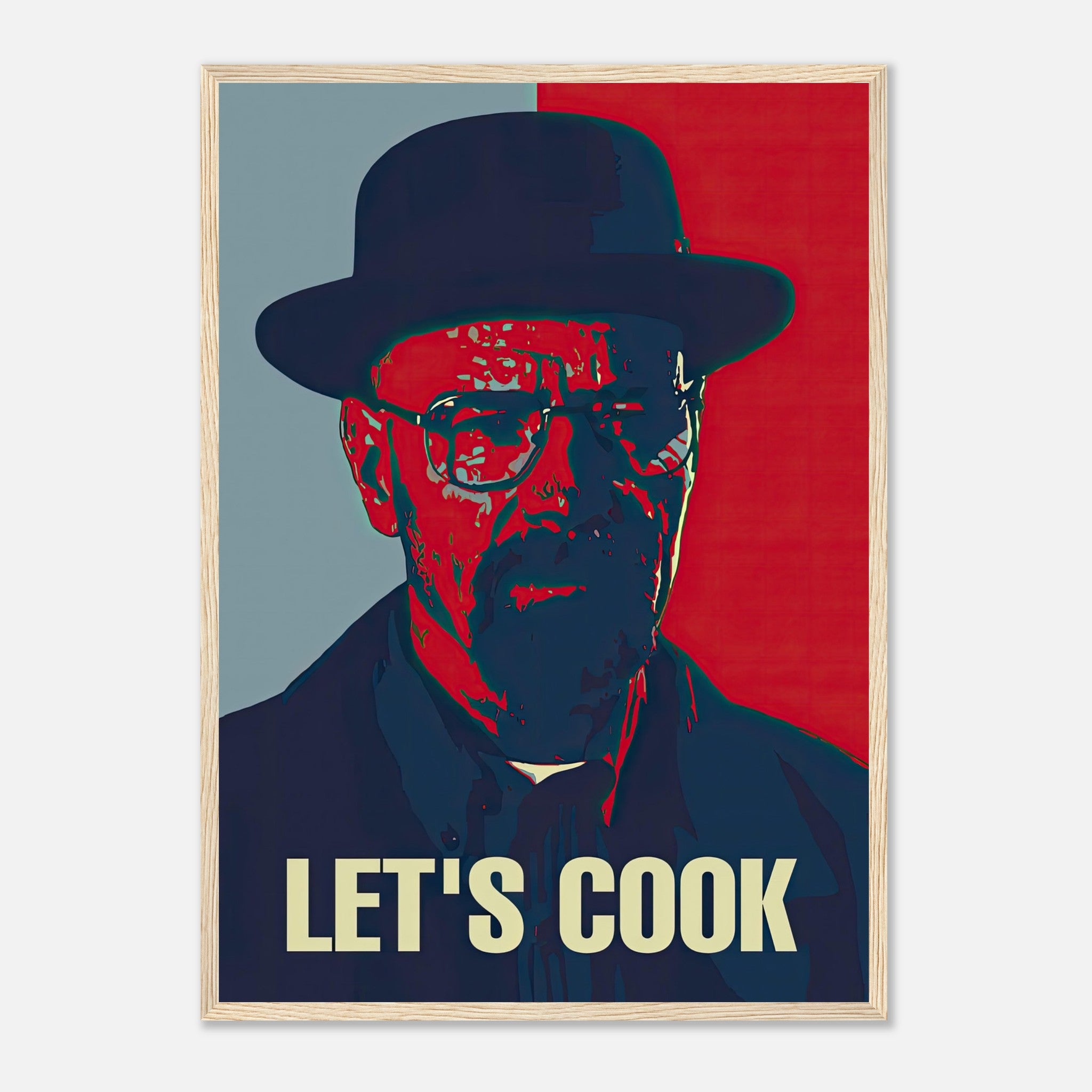 Heisenberg Let’s Cook framed print in bold red and blue pop art style for home or office decor.