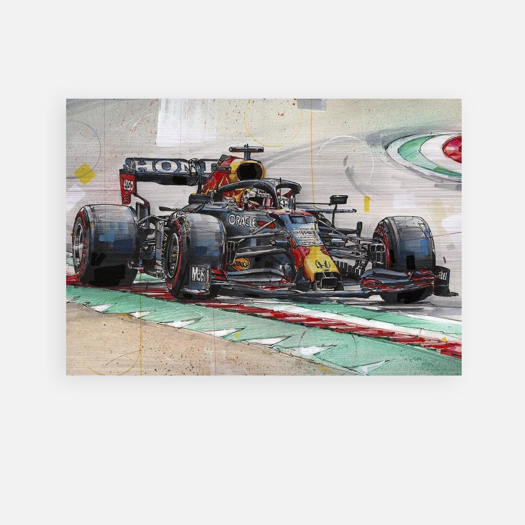 Max Verstappen Brushed Metal artwork showcasing a dynamic Formula 1 racing scene on a sleek aluminum panel.