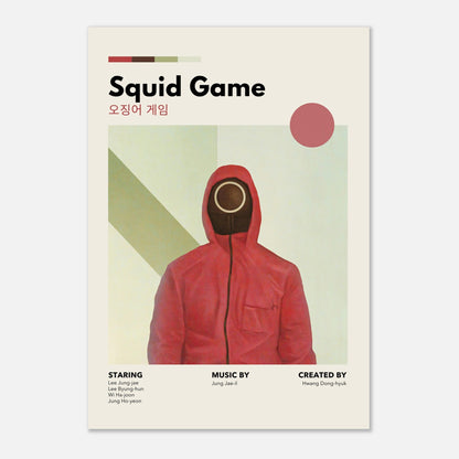 Vintage Squid Game metal print featuring iconic red-suited guard design, perfect for fans of the series.