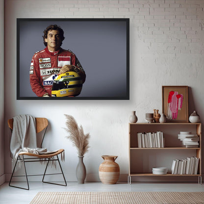 Ayrton Senna framed print showcasing the motorsport legend in racing suit, perfect for home decor and Formula 1 fans.