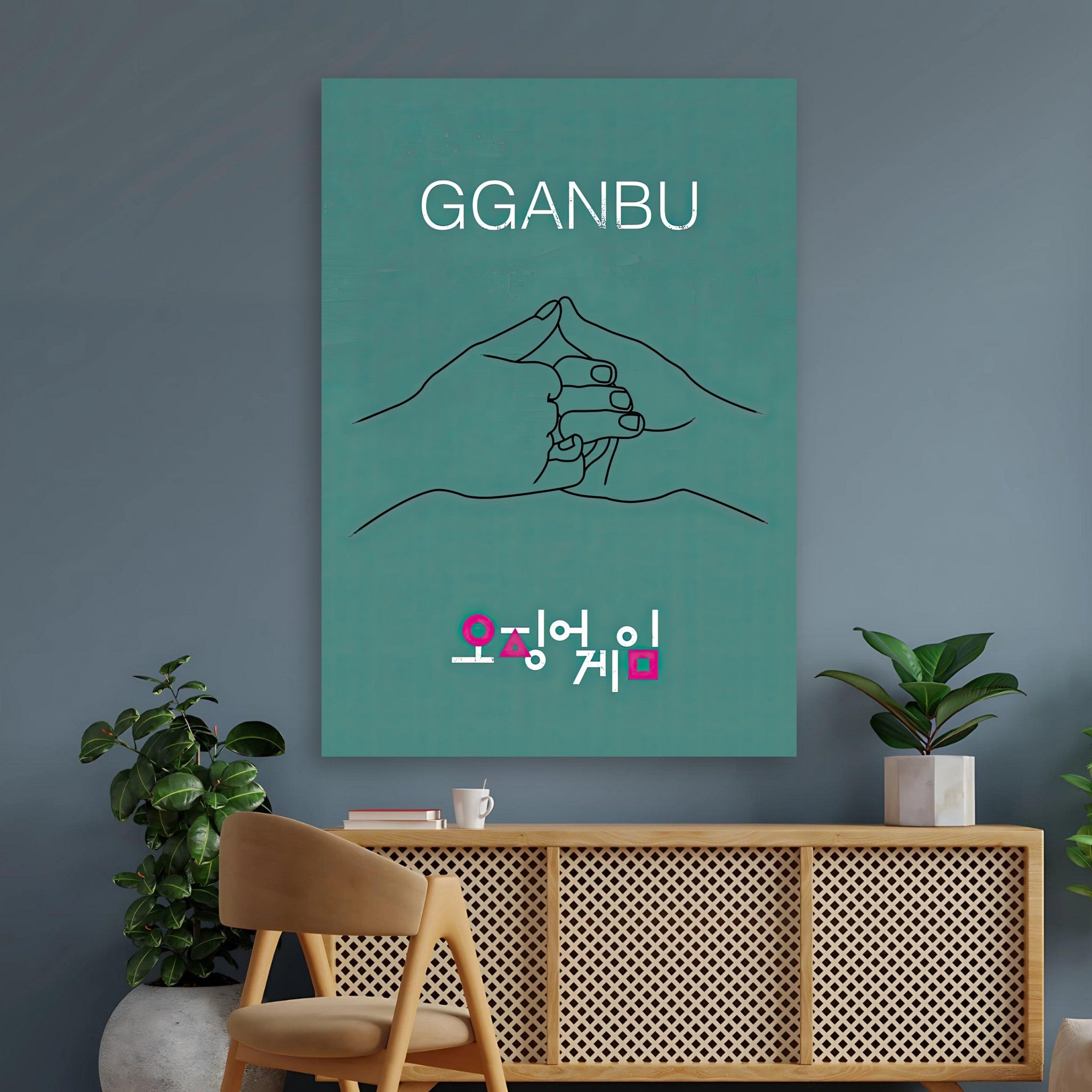 GGANBU Squid Game poster with minimalist handshake artwork on teal background, perfect for fans and home decor.