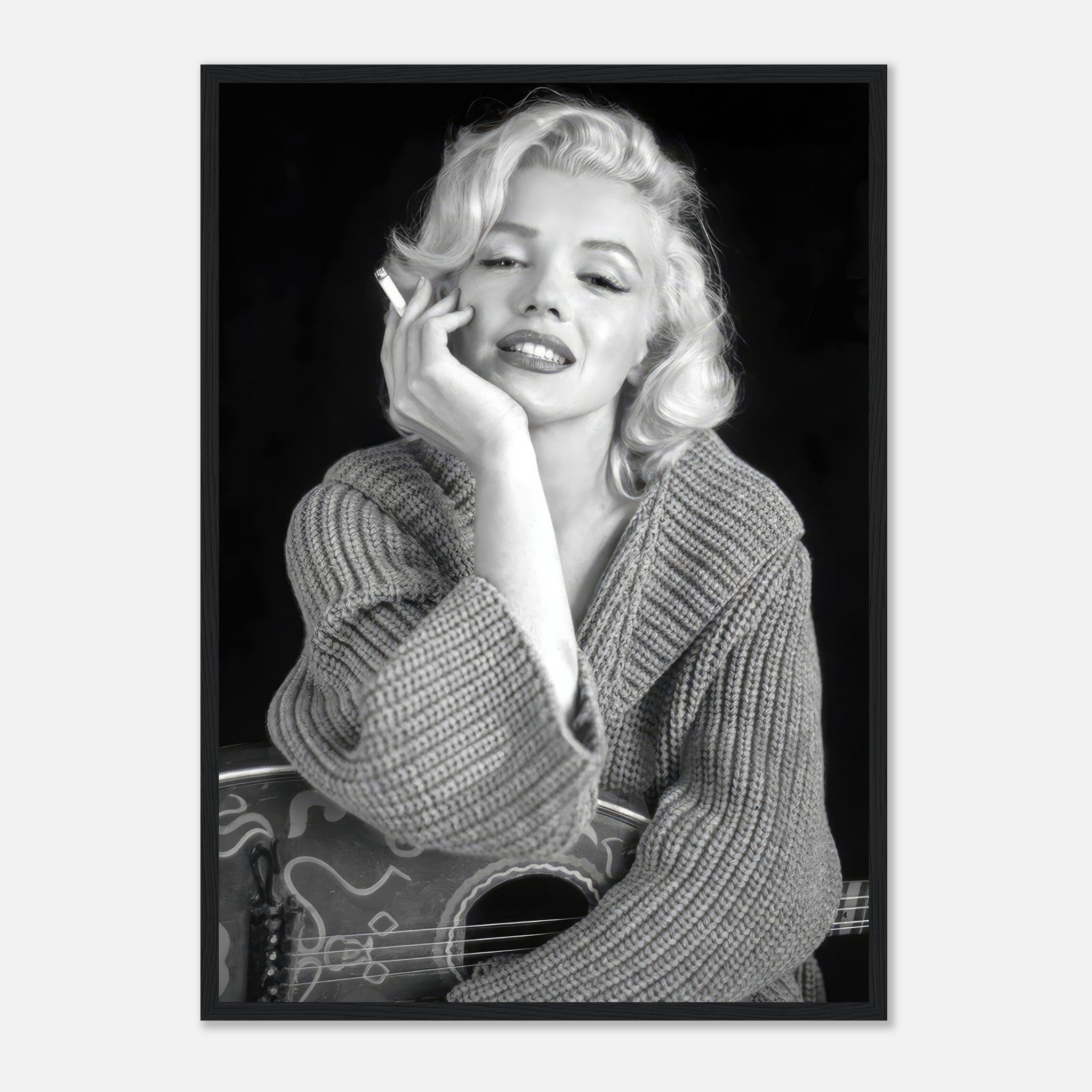 Marilyn Monroe smiling while smoking, framed poster featuring iconic black-and-white portrait in sophisticated style.