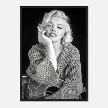 Marilyn Monroe smiling while smoking, framed poster featuring iconic black-and-white portrait in sophisticated style.