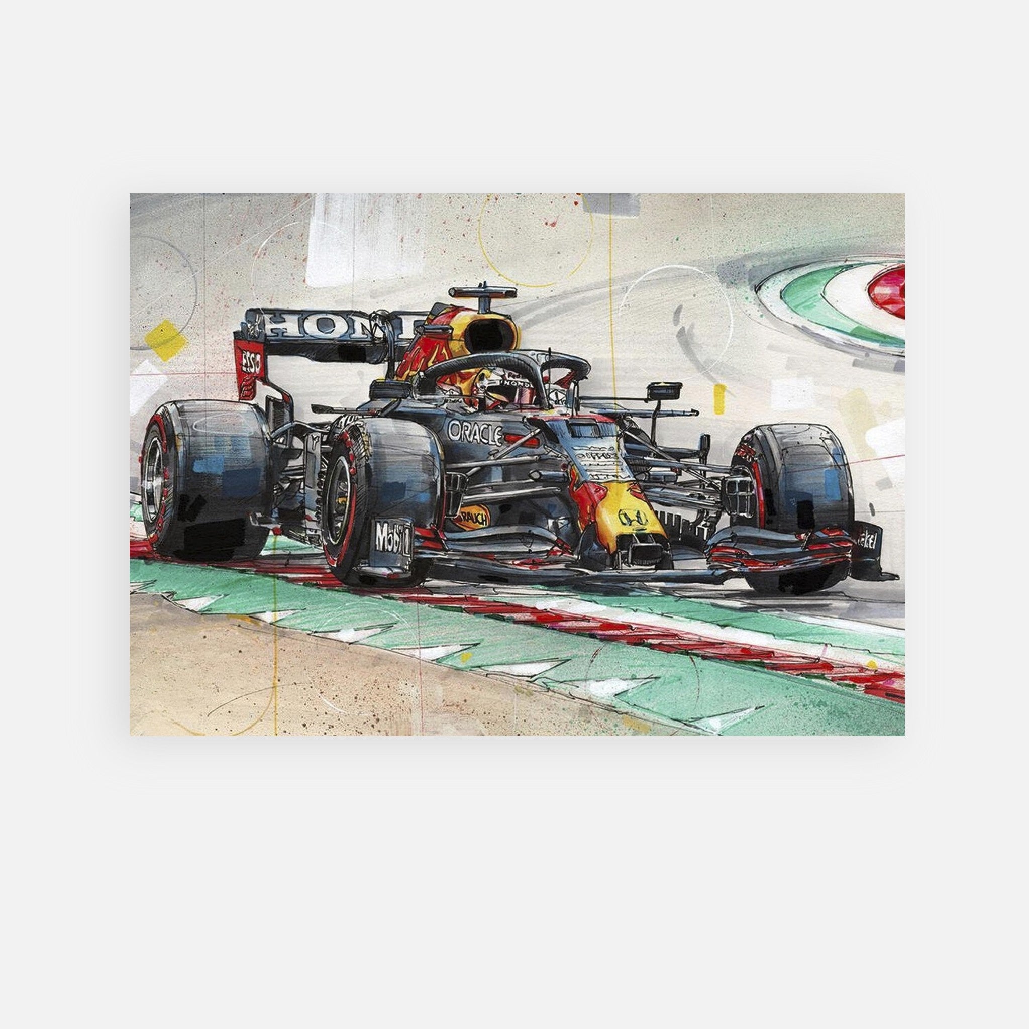 Max Verstappen F1 Red Bull racing car poster featuring vibrant colors and dynamic details on premium paper.