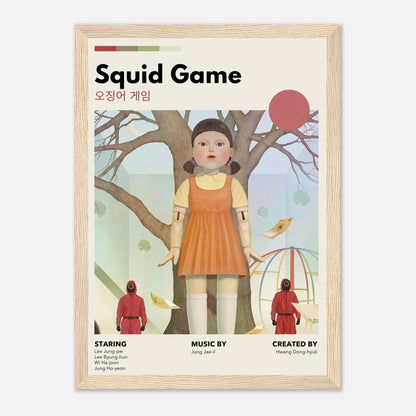 Vintage Squid Game framed poster featuring the iconic Red Light, Green Light doll, retro style design and muted colors.