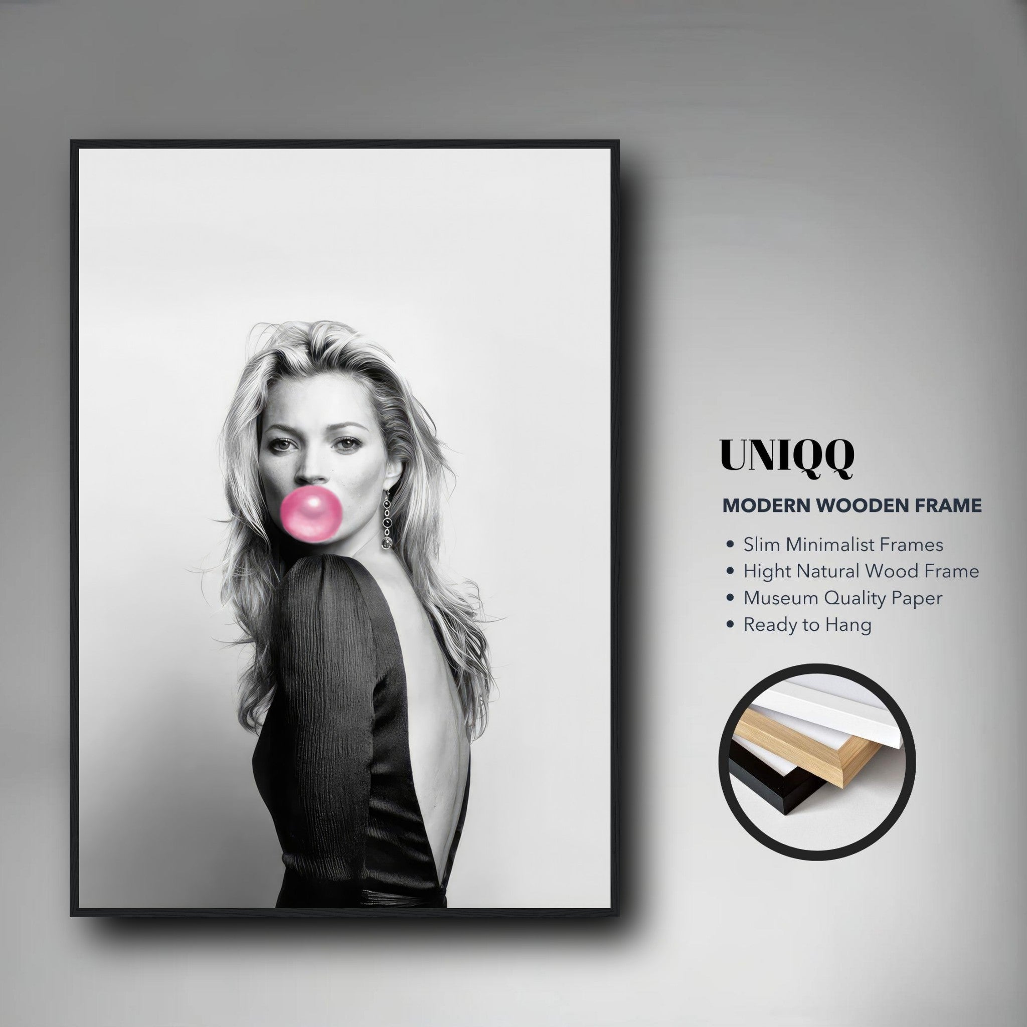 Kate Moss Bubble Gum framed print in modern wooden frame, showcasing black-and-white art with vibrant pink bubblegum accent.