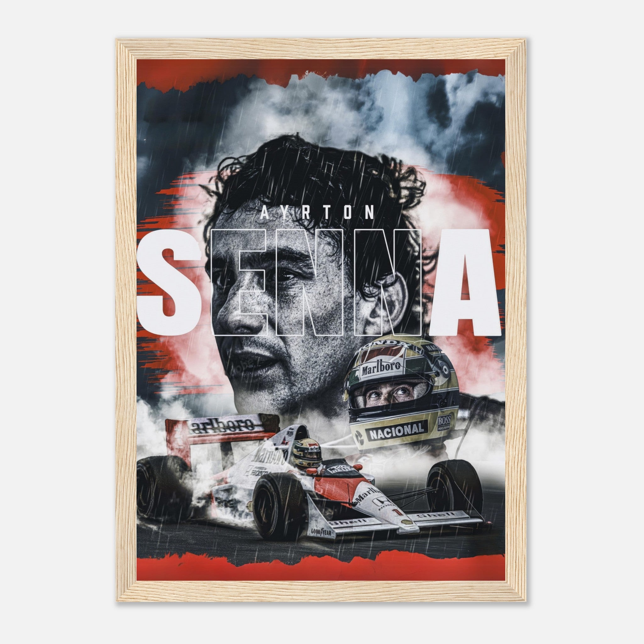 Ayrton Senna framed print showcasing vibrant imagery of the F1 legend in action, perfect for motorsport enthusiasts.