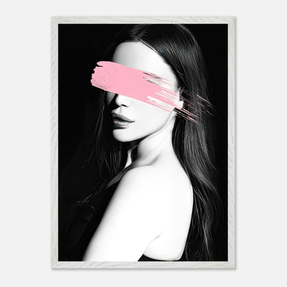 Vintage framed print "Pink Blindness" featuring a monochrome portrait with a pink brushstroke over the eyes.