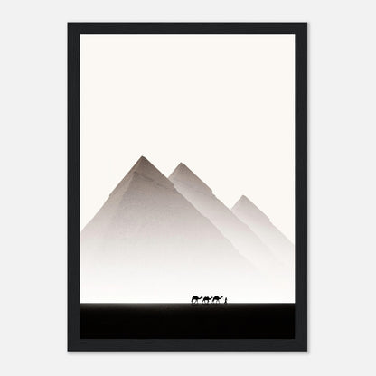 Framed print of Pyramids of Giza with silhouetted camels, showcasing Egypt's ancient architecture and minimalist design.