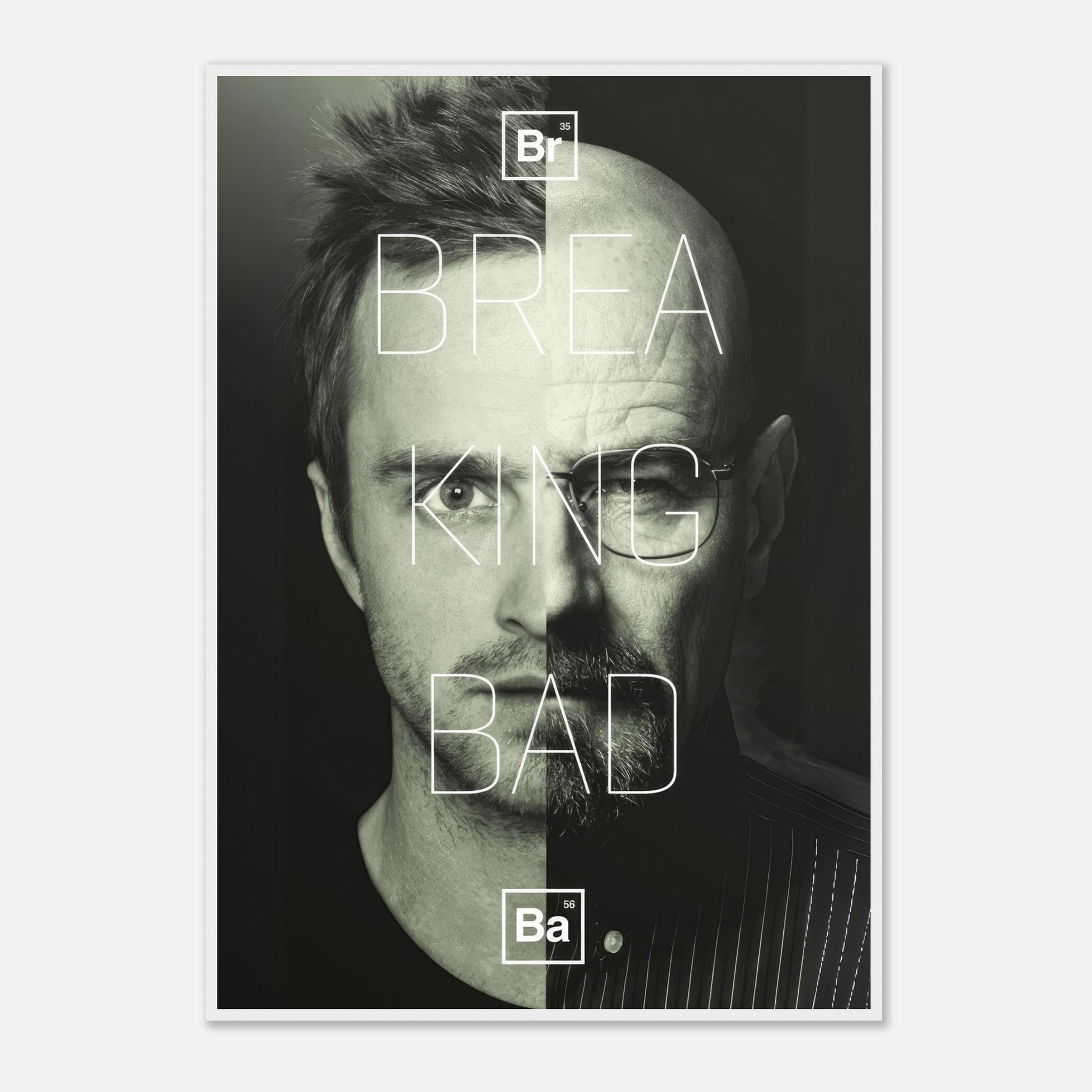 Jesse x Walter Breaking Bad framed print featuring a bold split-face design in high resolution. Perfect for fans and collectors.