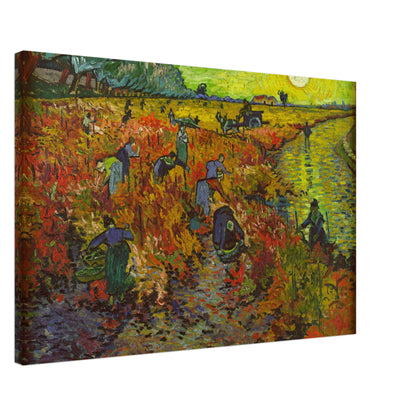 The Red Vineyard canvas print by Van Gogh, showcasing vibrant reds and yellows in an autumn vineyard scene.