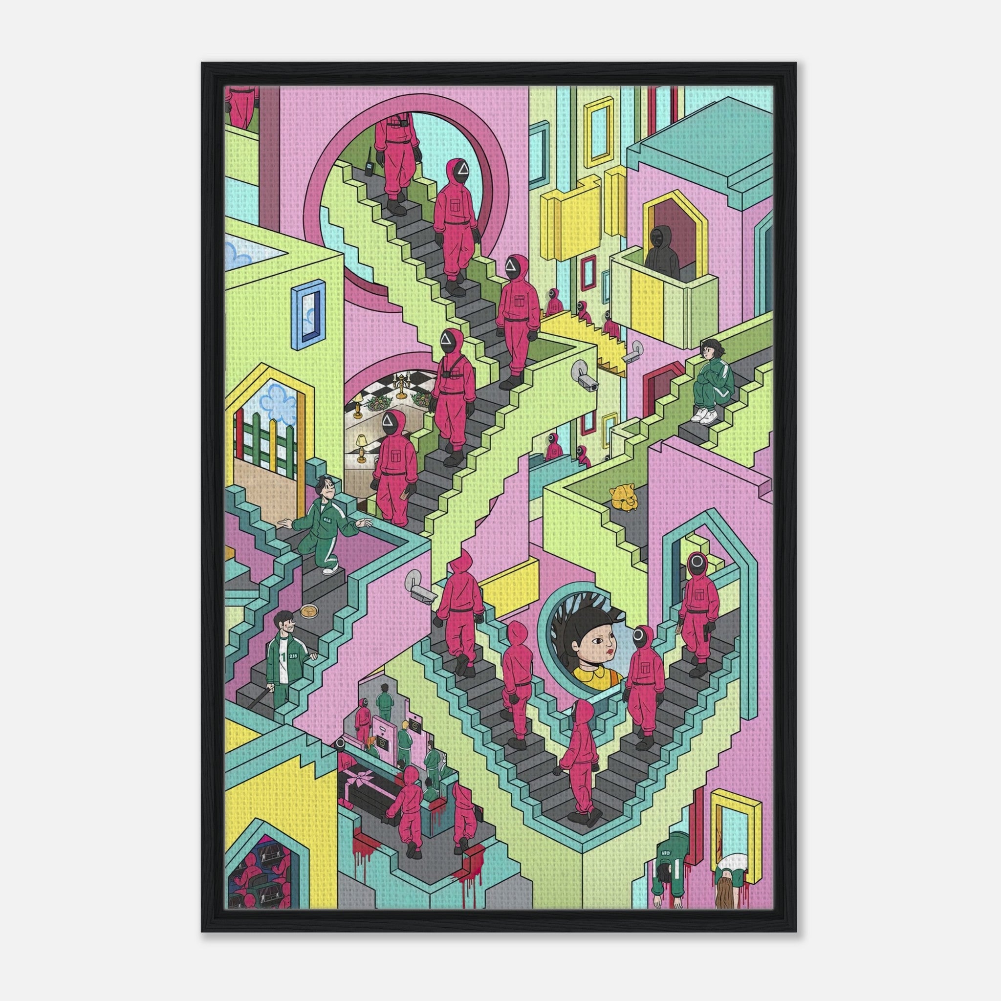 Squid Game Stairs framed canvas print showcasing colorful, intricate staircases and characters in a surreal maze design.