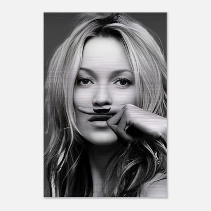 Artistic black and white image of Kate Moss with a mustache, showcasing a brushed metal finish for bold decor.