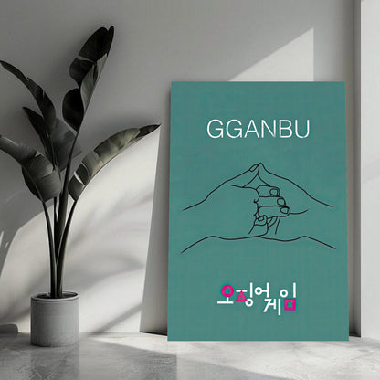 GGANBU Squid Game metal print featuring a minimalist handshake design on a teal background with a modern plant.