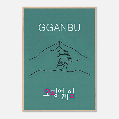 GGANBU Squid Game fine art print featuring minimalist hands in a pinky promise on a deep teal background.