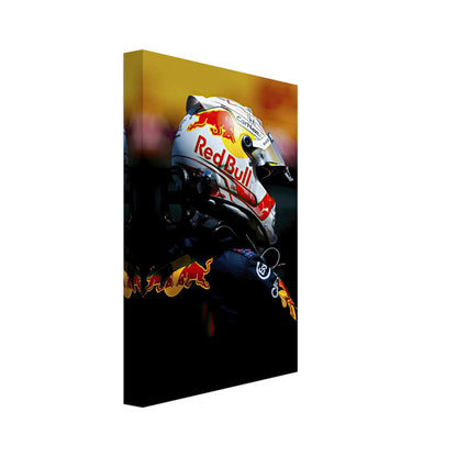 Max Verstappen canvas print in Red Bull Racing gear, showcasing vibrant details and energy of Formula 1 racing.