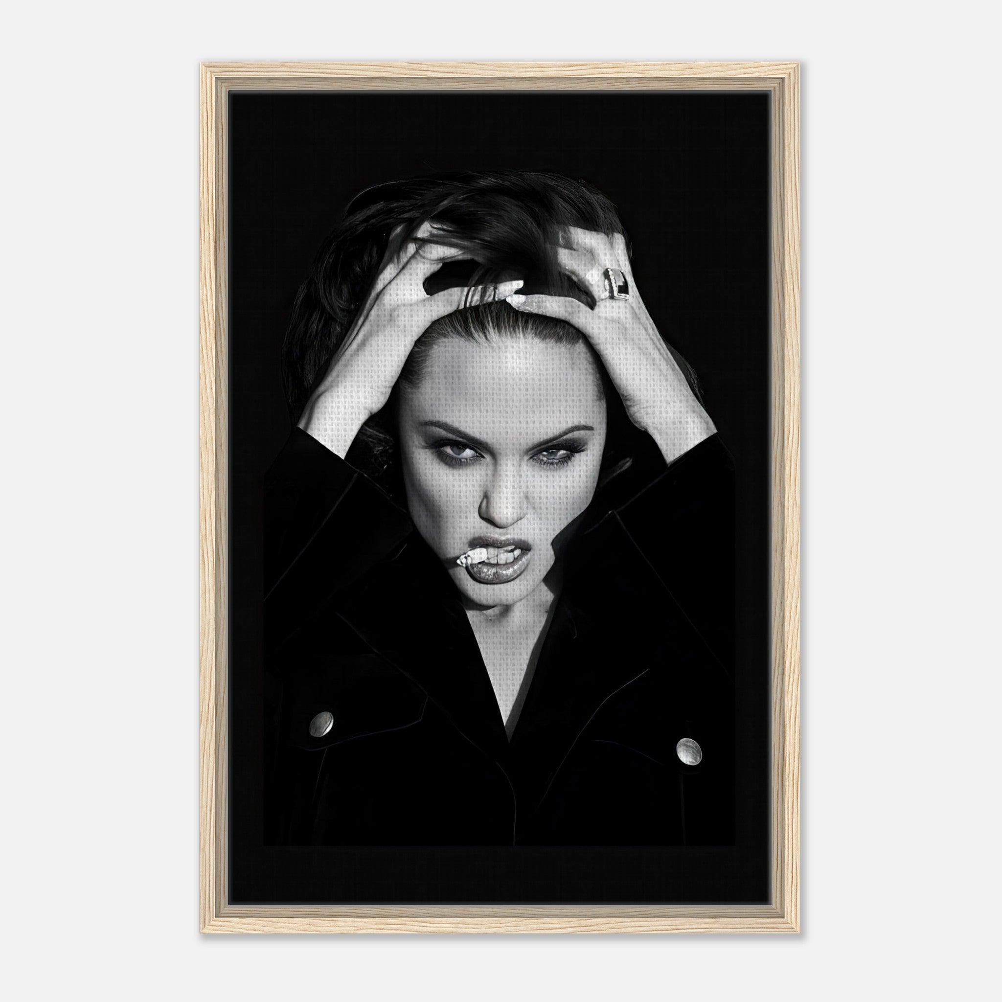 Angelina Jolie Smoking framed canvas print showcasing a bold and elegant black-and-white portrait.