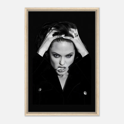 Angelina Jolie Smoking framed canvas print showcasing a bold and elegant black-and-white portrait.