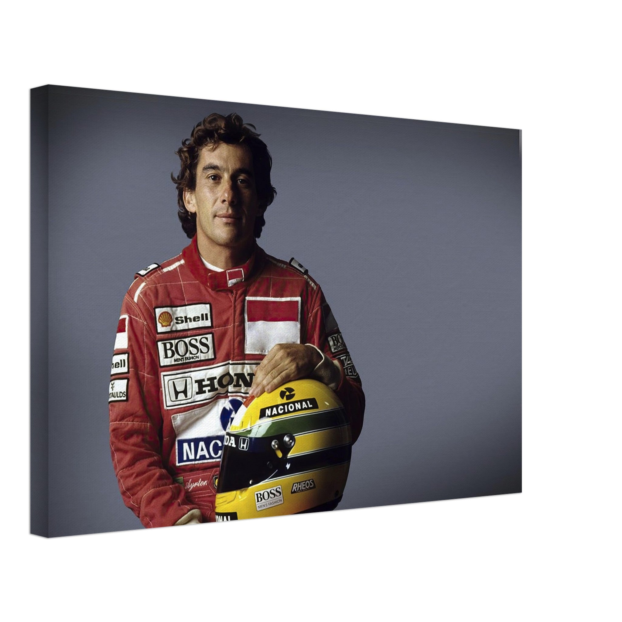 Ayrton Senna canvas print showcasing the iconic racer in red racing suit holding his helmet, perfect for motorsport decor.