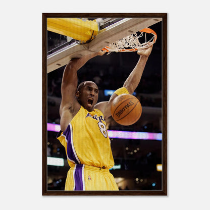 Kobe Bryant iconic slam dunk framed canvas print showcasing his signature mid-air move.
