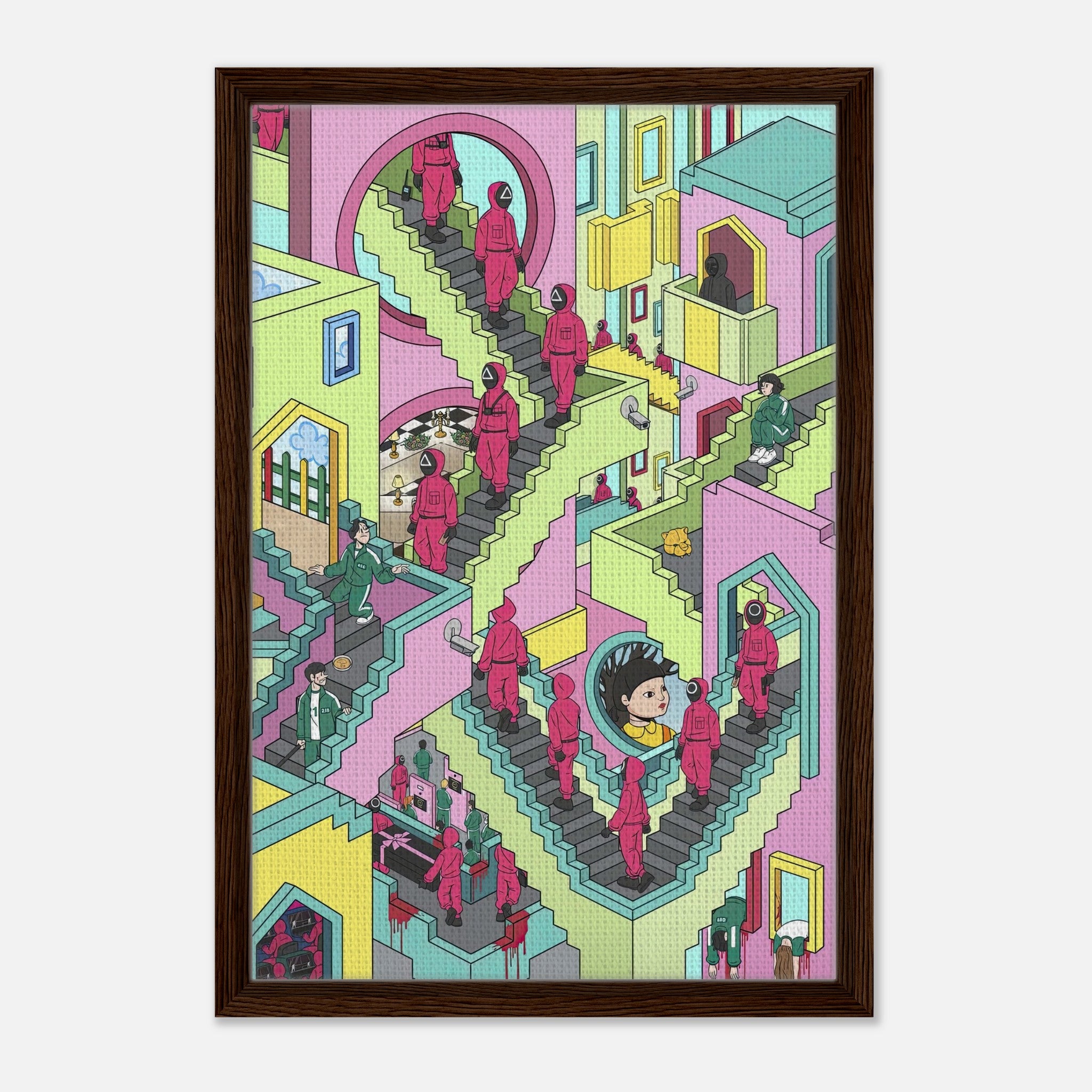 Squid Game Stairs Framed Canvas Print showcasing vibrant, Escher-inspired staircases and characters in a surreal setting.